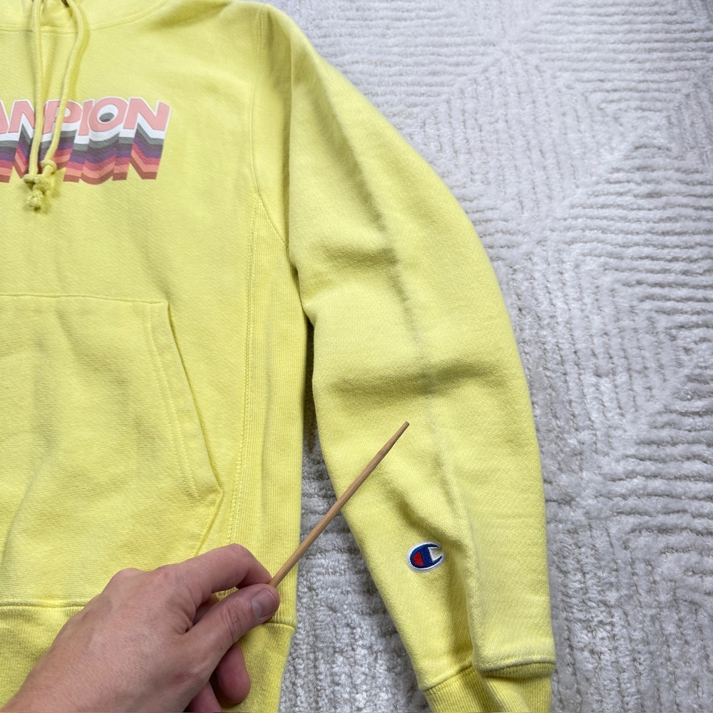 Champion Hoodie Men's S Reverse Weave Yellow Retro Graphic Sporty Street Wear - Picture 13 of 16